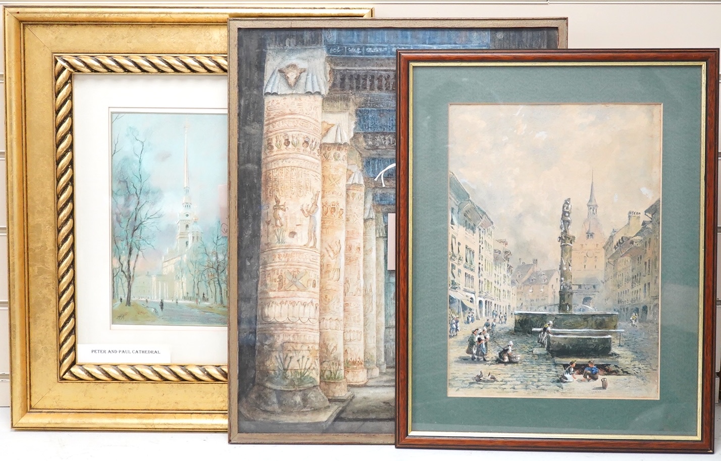 Russian School, 20th century, 'Peter and Paul Cathedral, St Petersburg, signed , mixed media drawing, together with a watercolour Temple of Karnak and one other, largest 50 x 39cm